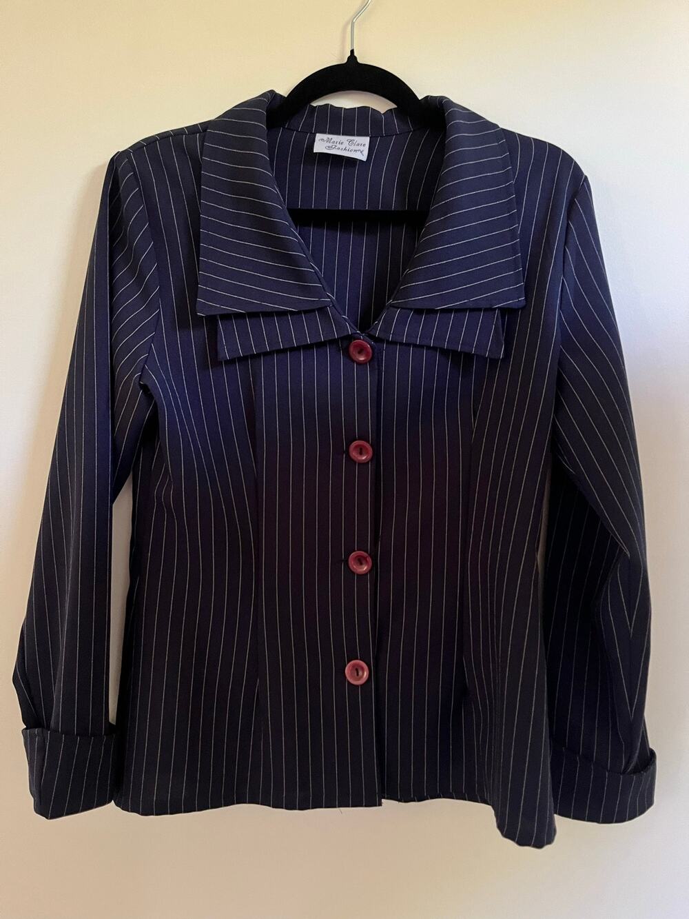 VTG 1970s Marie Clare Blazer Top Navy Blue White Pinstripe Dramatic Collar S/M